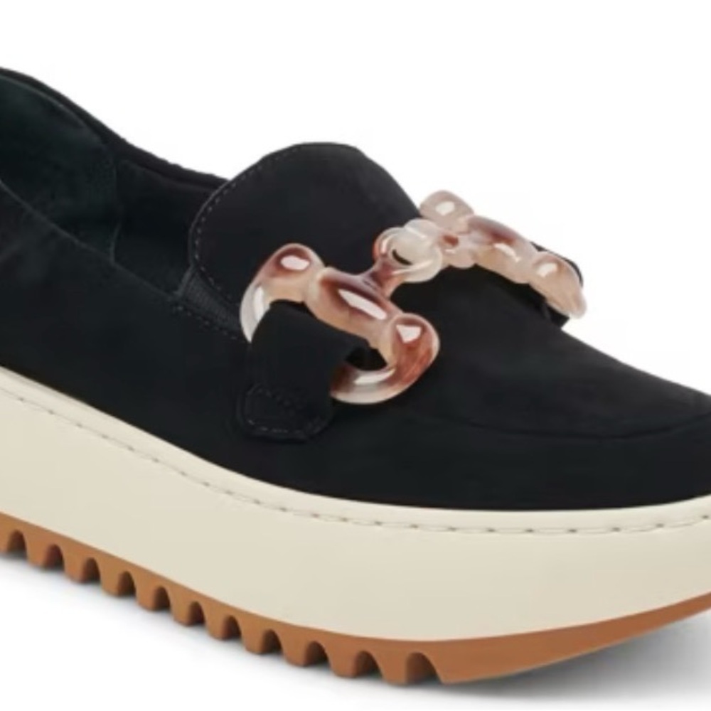 Dolce Vita Black Suede Platform Loafer with Tortoiseshell Chain Accent
